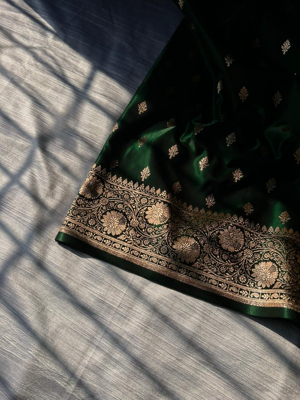 Bottle Green Satin Silk Saree | Floral Border with Traditional Butti Body | Elegant Party Wear Saree