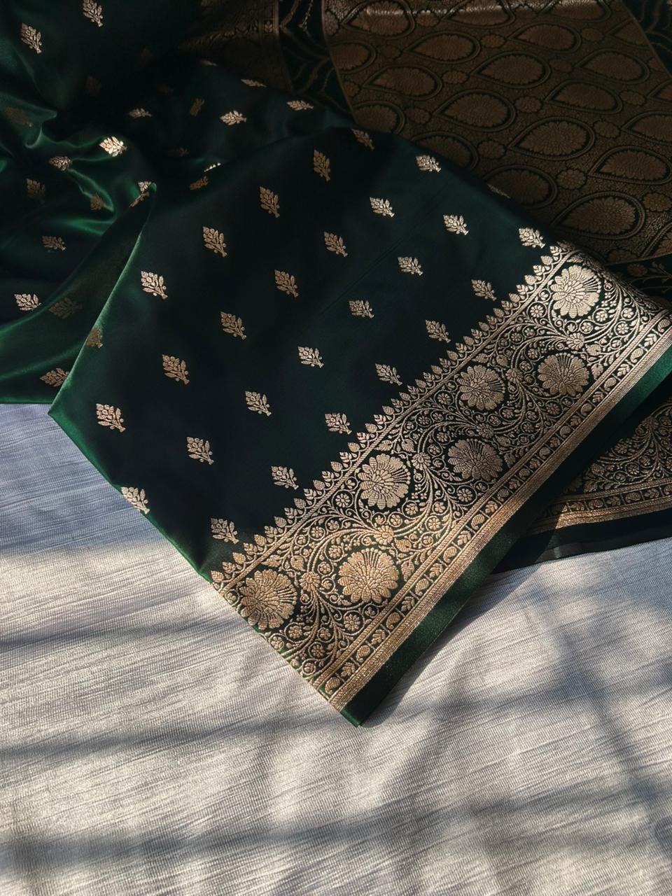 Bottle Green Satin Silk Saree | Floral Border with Traditional Butti Body | Elegant Party Wear Saree