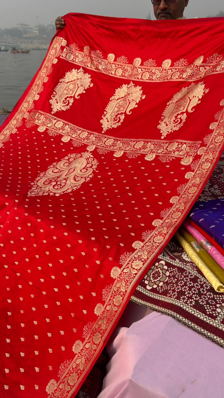 Designer Red Mashru Katan Silk Saree with Shoulder Hand Design & Rose Gold Zari | Elegant Party Wear Banarasi Saree