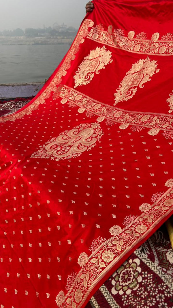 Designer Red Mashru Katan Silk Saree with Shoulder Hand Design & Rose Gold Zari | Elegant Party Wear Banarasi Saree