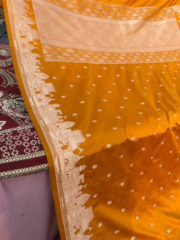 Mustard Yellow Banarasi Ghat Design Saree – Premium Mashru Silk | Maa Ganga Border | Festive Wear