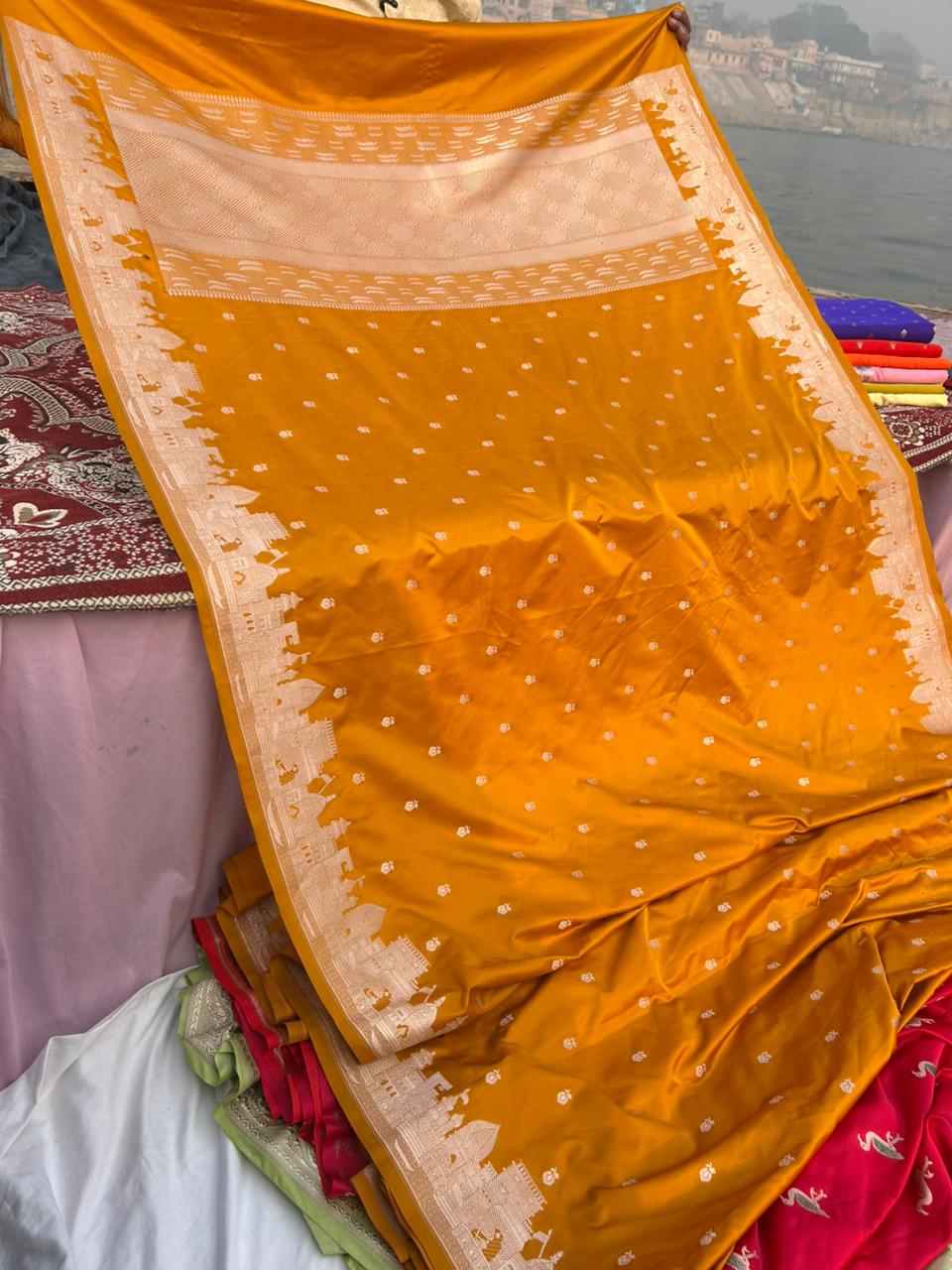 Mustard Yellow Banarasi Ghat Design Saree – Premium Mashru Silk | Maa Ganga Border | Festive Wear