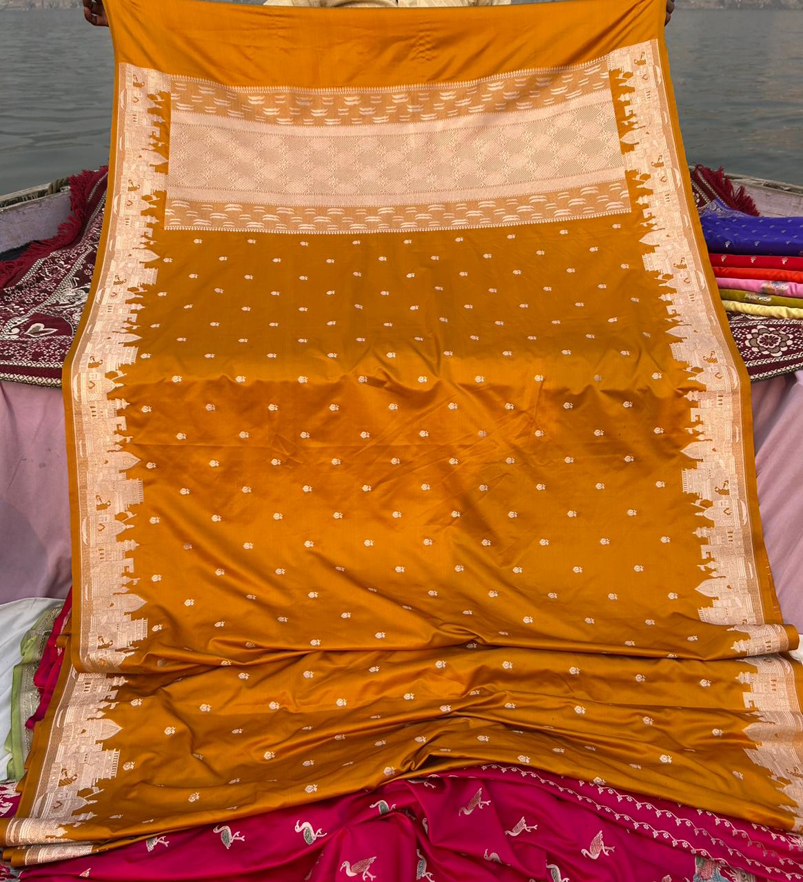 Mustard Yellow Banarasi Ghat Design Saree – Premium Mashru Silk | Maa Ganga Border | Festive Wear