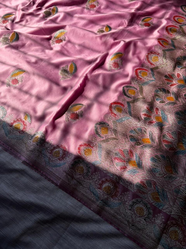 Powder Pink Premium Mashru Katan Silk Saree | Handcrafted Meenakari Double Leaf Design