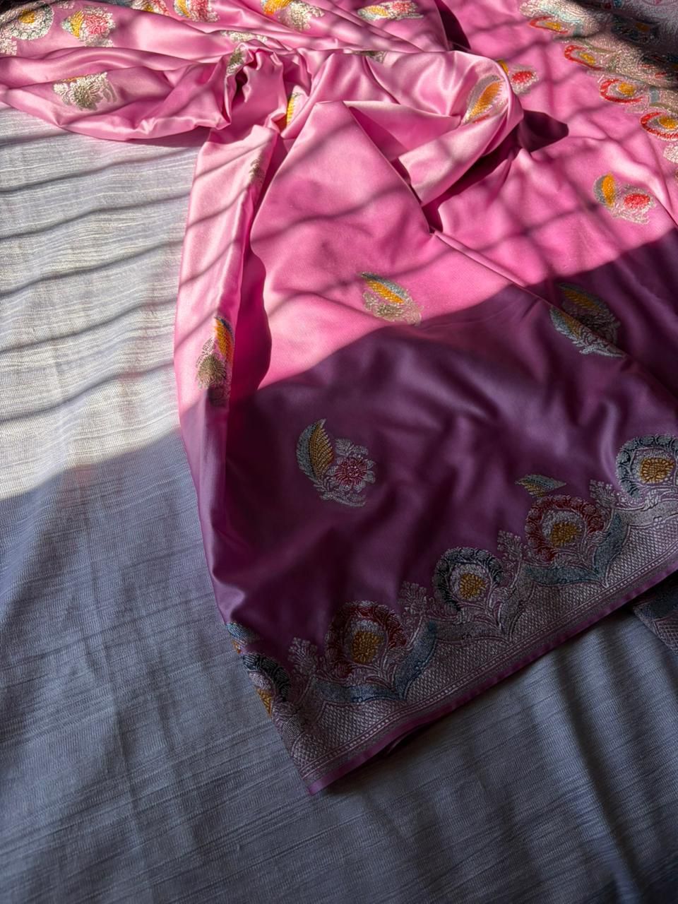 Powder Pink Premium Mashru Katan Silk Saree | Handcrafted Meenakari Double Leaf Design