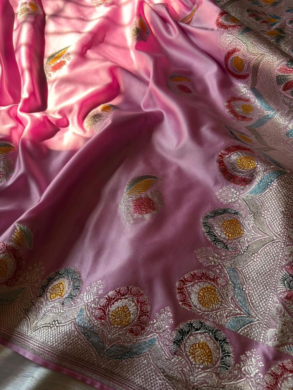 Powder Pink Premium Mashru Katan Silk Saree | Handcrafted Meenakari Double Leaf Design