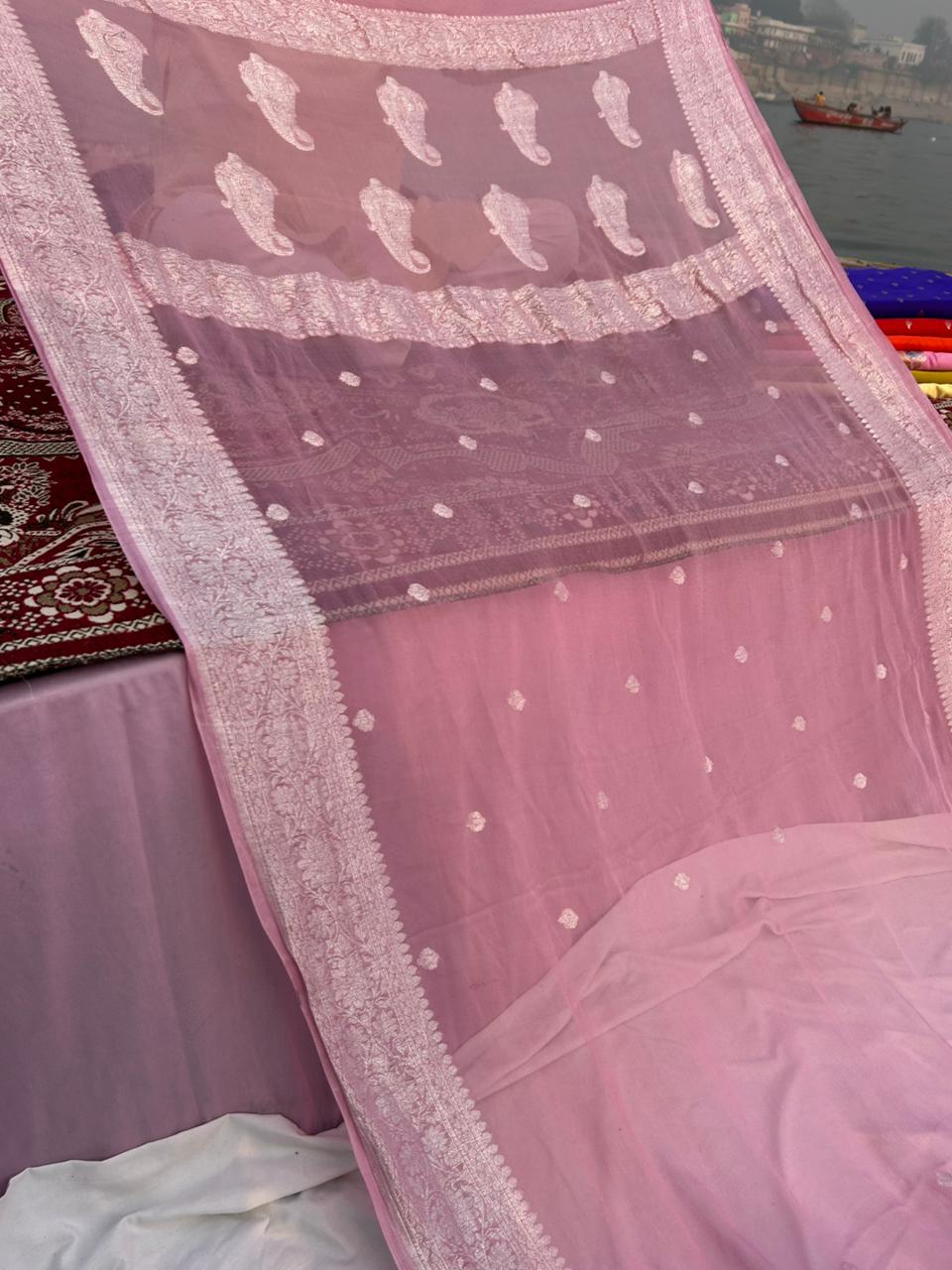 Rose Pink Handcrafted Khadi Georgette Saree – Pure Elegance from Banaras