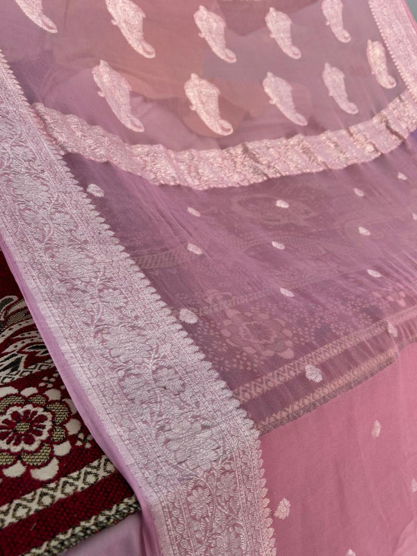 Rose Pink Handcrafted Khadi Georgette Saree – Pure Elegance from Banaras