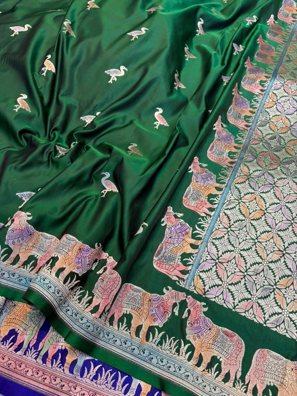 Exclusive Nandi Hath Rang Bottle Green Mashru Katan Silk Saree with Hand-Painted Meenakari & Pichwai Sikargha Border | Premium Banarasi Designer Saree