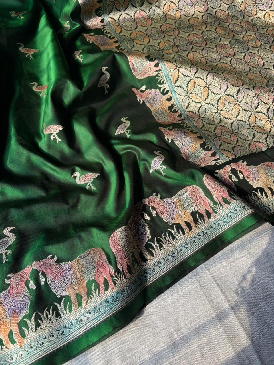 Exclusive Nandi Hath Rang Bottle Green Mashru Katan Silk Saree with Hand-Painted Meenakari & Pichwai Sikargha Border | Premium Banarasi Designer Saree