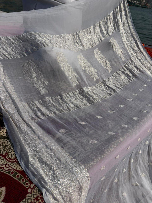 Pure Khadi Georgette Handloom Saree – Real Silver Zari | White Minimal Luxury | Lightweight Premium Saree