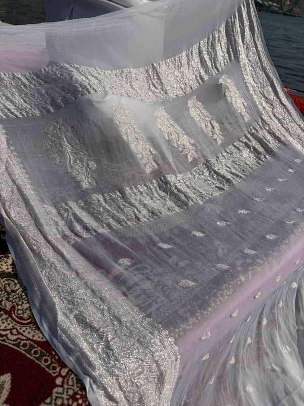 Pure Khadi Georgette Handloom Saree – Real Silver Zari | White Minimal Luxury | Lightweight Premium Saree