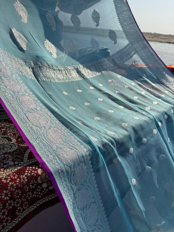 Ice Blue Khadi Georgette Saree with Magenta Purple Contrast – Handloom Elegance | Lightweight Premium Saree