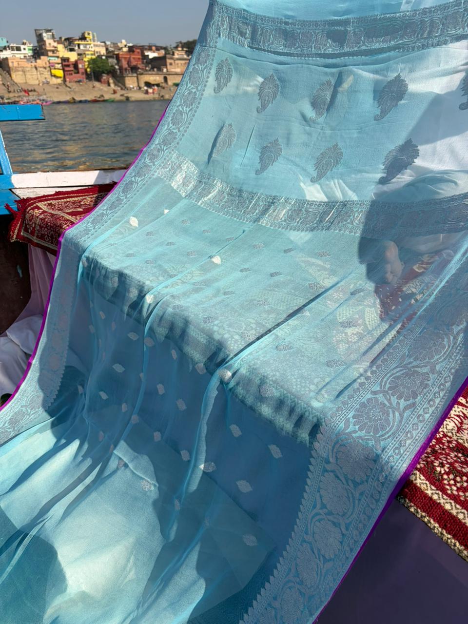 Ice Blue Khadi Georgette Saree with Magenta Purple Contrast – Handloom Elegance | Lightweight Premium Saree
