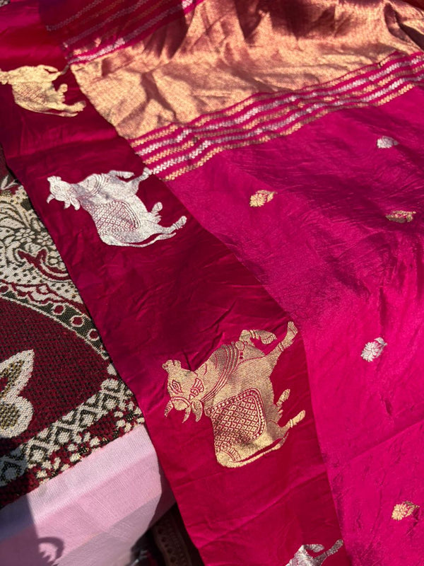 Pure Khandua Raw Mango Silk Pichwai Saree – Rani Pink | Sona Rupa Real Zari | Nandi Border | Luxury Handloom Saree