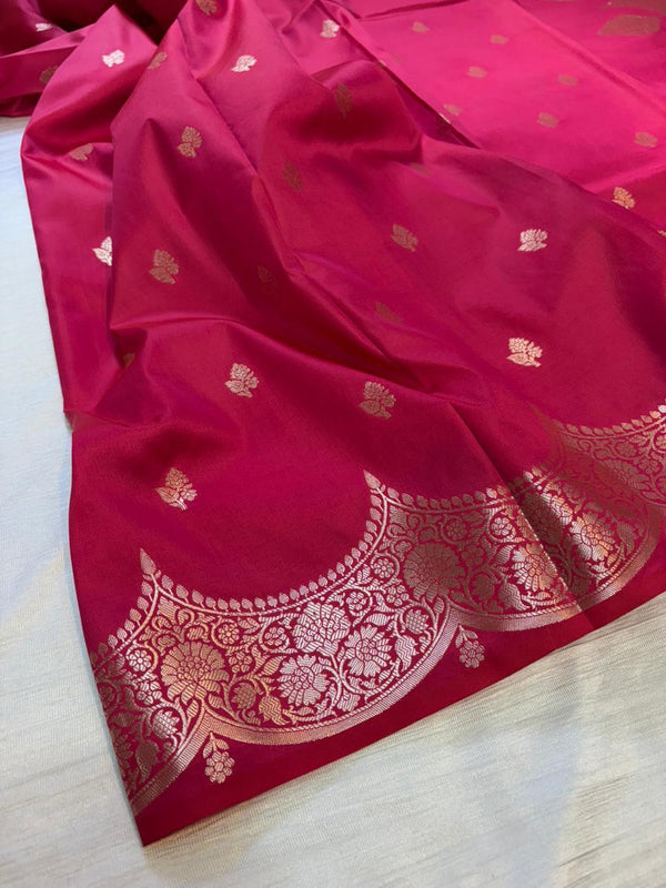 Hot Pink Semi Katan Banarasi Saree with Scallop Border | Copper Gold Zari Buti Work | Designer Brocade Jacquard Blouse | Lightweight Party Wear Saree