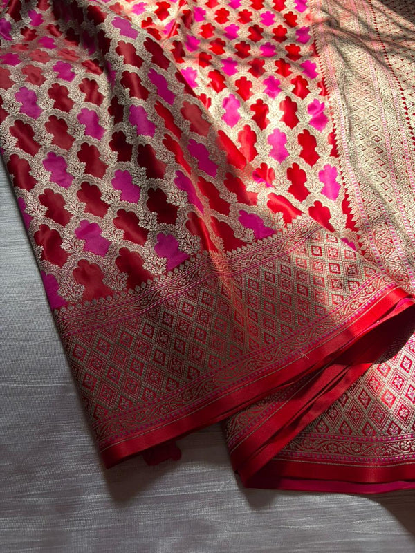 Surkh Meher Rangkart Banarasi Saree in Mashru Katan Silk | Bridal Red Pink Saree with Light Gold Zari Border | Premium Wedding Wear