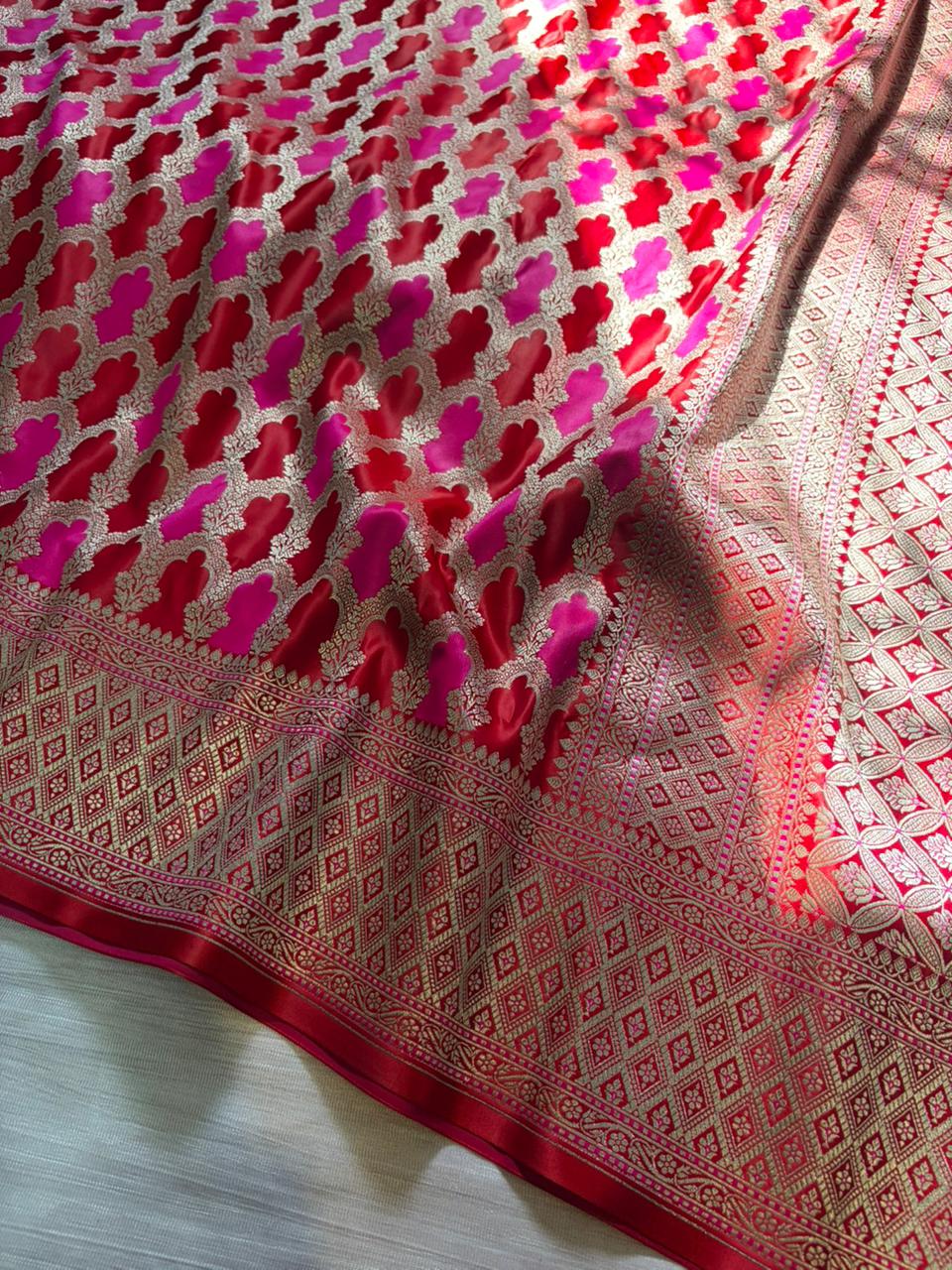 Surkh Meher Rangkart Banarasi Saree in Mashru Katan Silk | Bridal Red Pink Saree with Light Gold Zari Border | Premium Wedding Wear