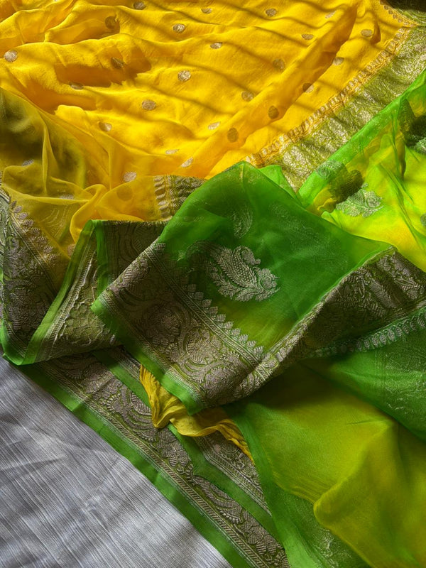 Lemon Yellow & Kaccha Aam Green Khadi Georgette Saree with Real Silver Zari