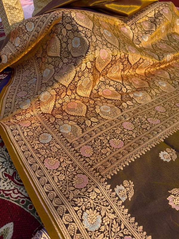 Golden Satin Silk Saree with Pink & Silver Meenakari Work | Soft Lightweight Designer Saree | Premium Party Wear