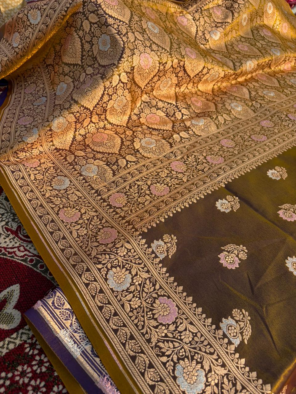 Golden Satin Silk Saree with Pink & Silver Meenakari Work | Soft Lightweight Designer Saree | Premium Party Wear