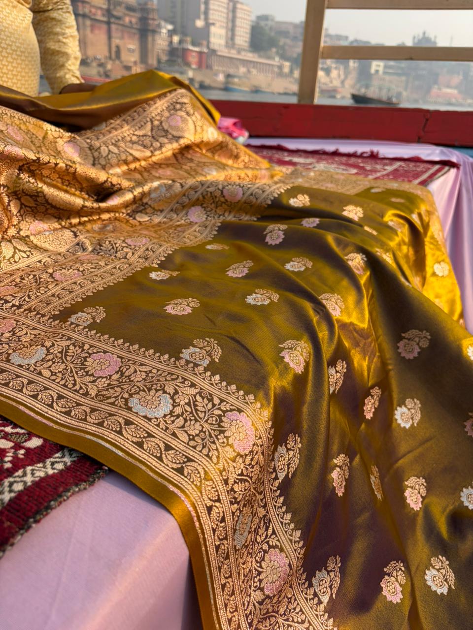 Golden Satin Silk Saree with Pink & Silver Meenakari Work | Soft Lightweight Designer Saree | Premium Party Wear