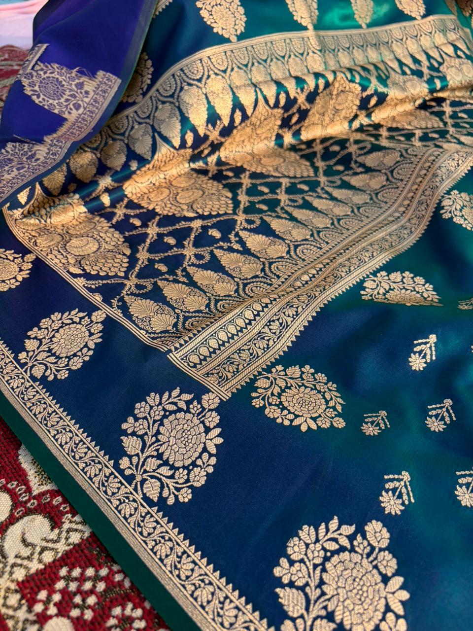 Morni Blue Satin Silk Saree with Peacock Dual Tone | Zari Woven Pallu & Butti Design | Lightweight Designer Party Wear Saree