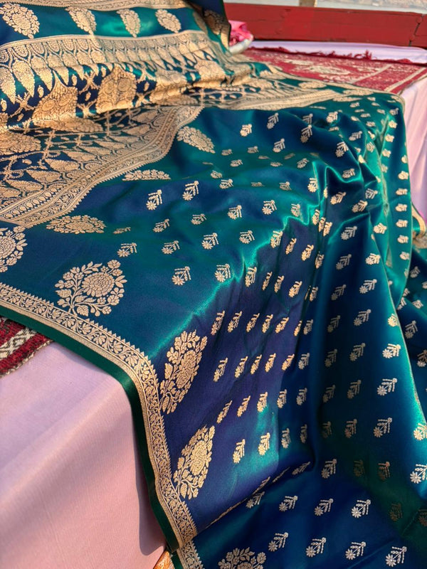 Morni Blue Satin Silk Saree with Peacock Dual Tone | Zari Woven Pallu & Butti Design | Lightweight Designer Party Wear Saree