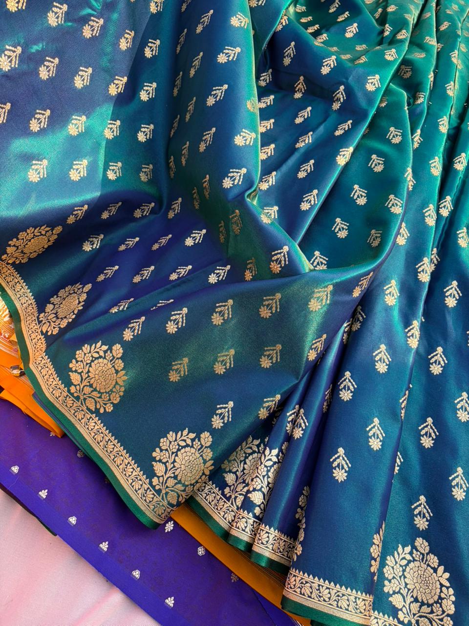 Morni Blue Satin Silk Saree with Peacock Dual Tone | Zari Woven Pallu & Butti Design | Lightweight Designer Party Wear Saree