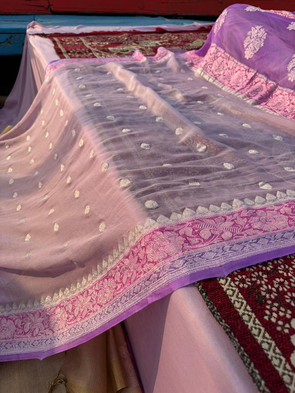 Pure Khadi Georgette Nude Pink Saree with Lavender Border | Real Silver Zari Handloom Saree | Lightweight Pastel Party Wear