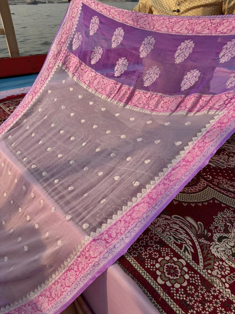 Pure Khadi Georgette Nude Pink Saree with Lavender Border | Real Silver Zari Handloom Saree | Lightweight Pastel Party Wear