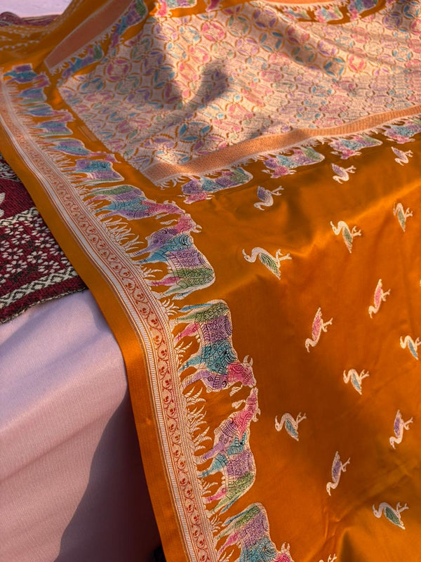 Peet Pichwai Mashru Silk Saree – Mustard Yellow Handpainted Hath Rang Saree | Traditional Pichwai Art | Premium Designer Saree