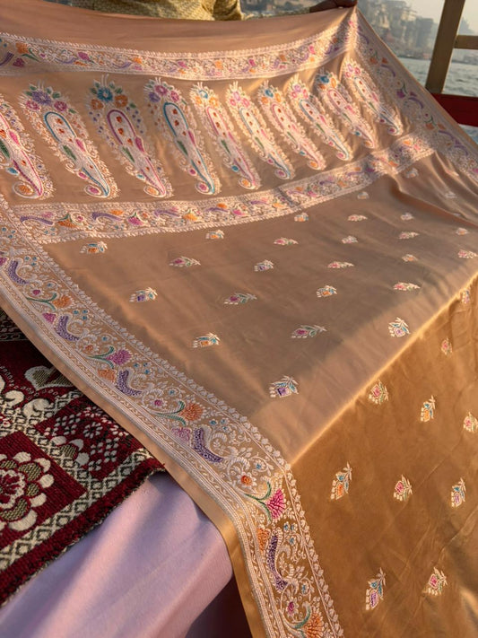 Copper Camel Rajwada Meenakari Mashru Silk Saree | Handpainted Hath Rang Border & Pallu | Premium Handmade Designer Saree