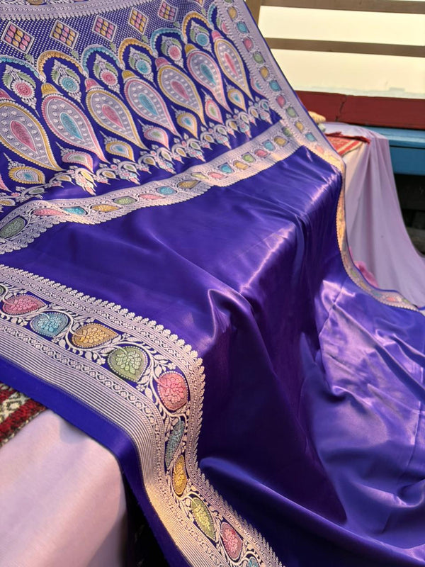 Neel Kalamkari Mashru Silk Saree | Handpainted Hath Rang Border | Rose Gold Zari | Minimal Designer Saree