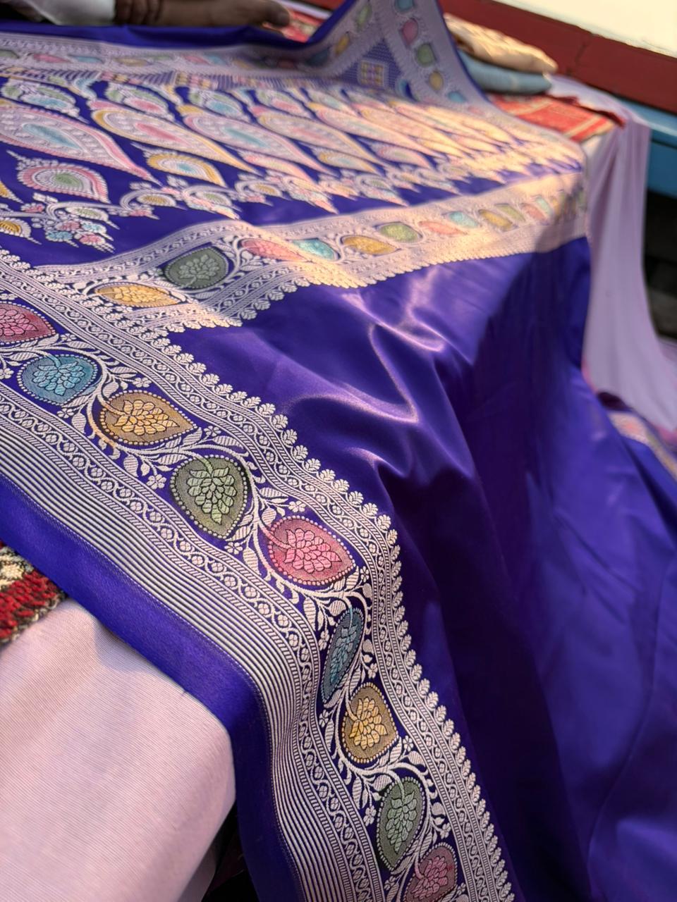 Neel Kalamkari Mashru Silk Saree | Handpainted Hath Rang Border | Rose Gold Zari | Minimal Designer Saree