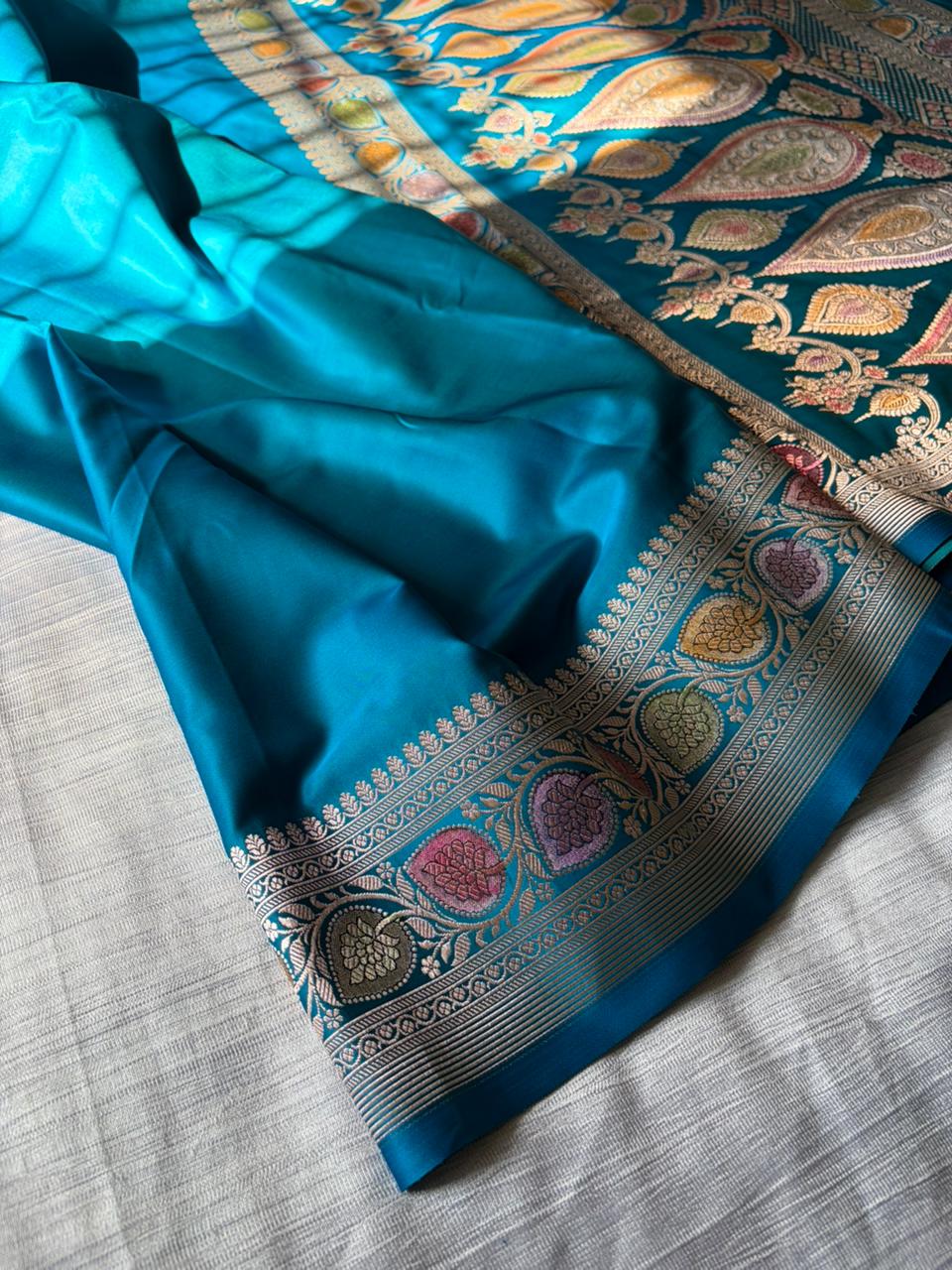 Rama Blue Mashru Katan Silk Saree | Minimal Plain Body with Zari Woven Pallu | Meenakari Hand-Touch Designer Saree