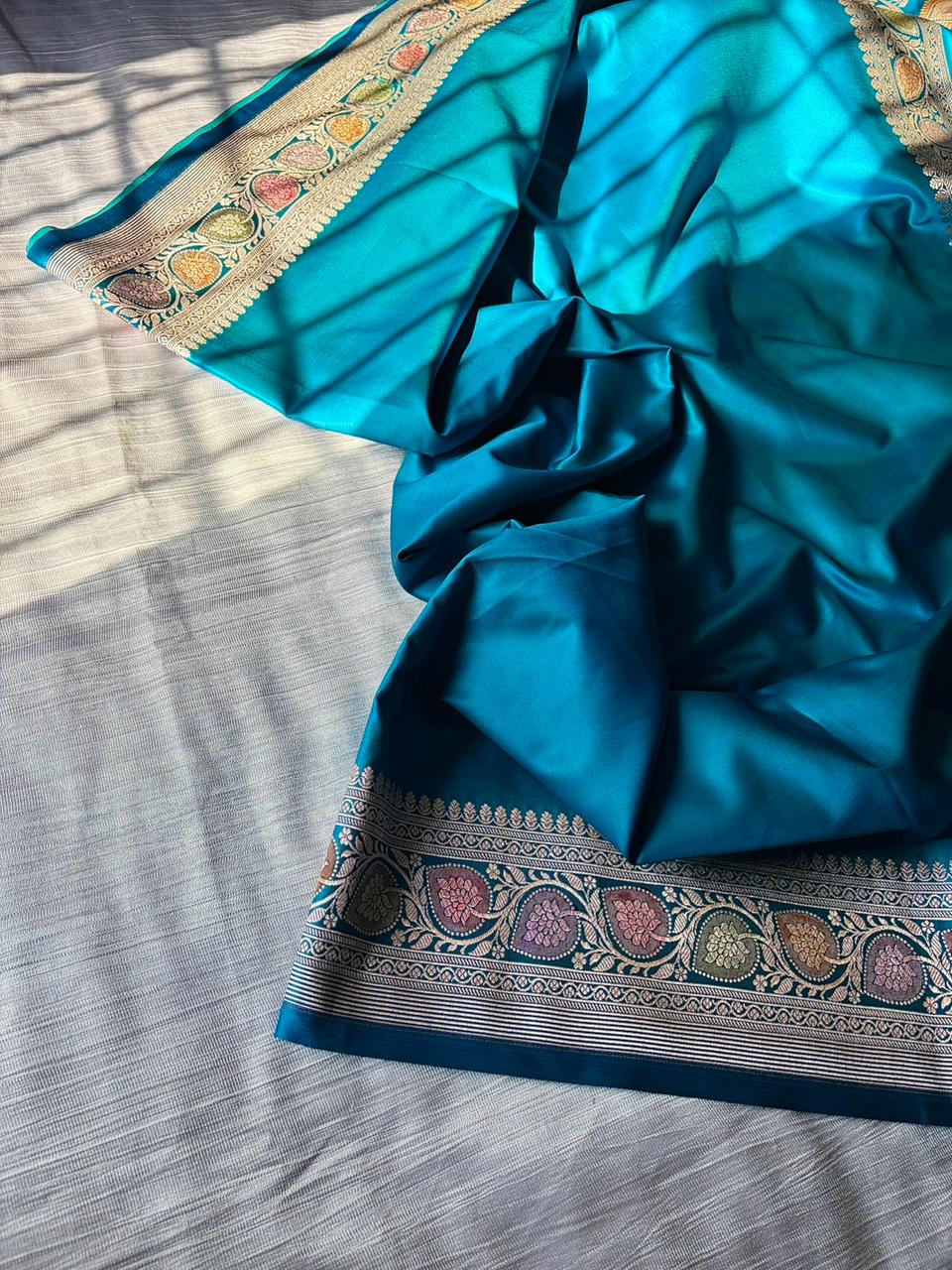Rama Blue Mashru Katan Silk Saree | Minimal Plain Body with Zari Woven Pallu | Meenakari Hand-Touch Designer Saree