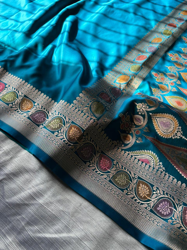 Rama Blue Mashru Katan Silk Saree | Minimal Plain Body with Zari Woven Pallu | Meenakari Hand-Touch Designer Saree