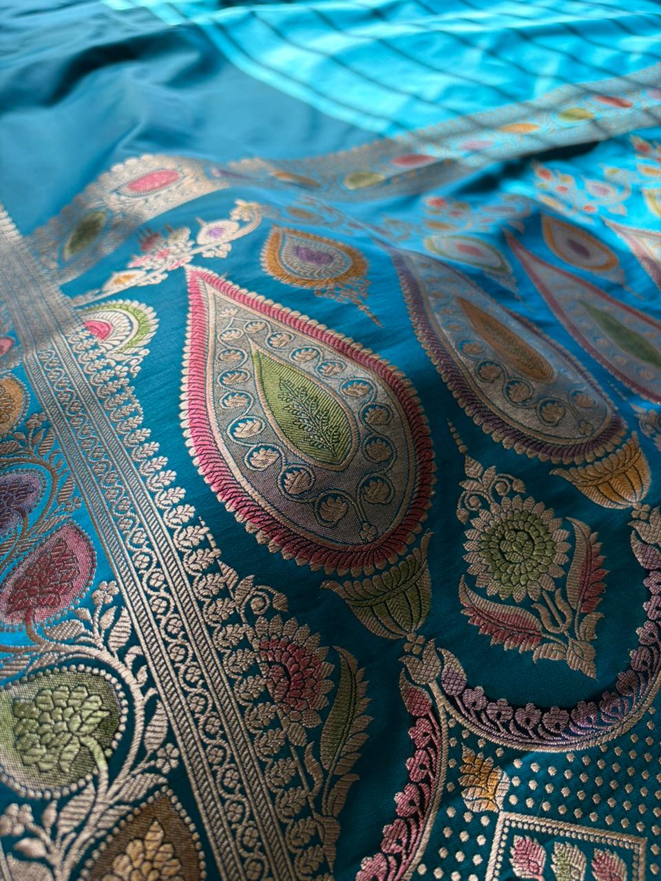 Rama Blue Mashru Katan Silk Saree | Minimal Plain Body with Zari Woven Pallu | Meenakari Hand-Touch Designer Saree