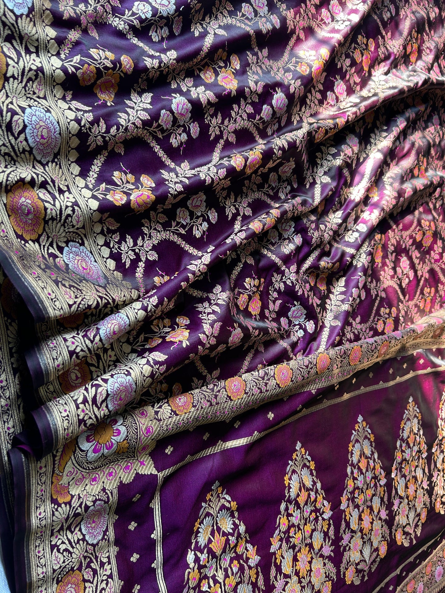 Sona Rupa Kainkhab Purple Mashru Silk Saree – Albeli Leheriya & Jaal Design