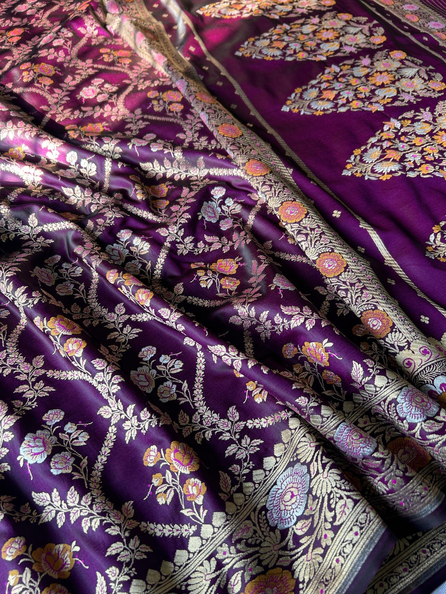 Sona Rupa Kainkhab Purple Mashru Silk Saree – Albeli Leheriya & Jaal Design