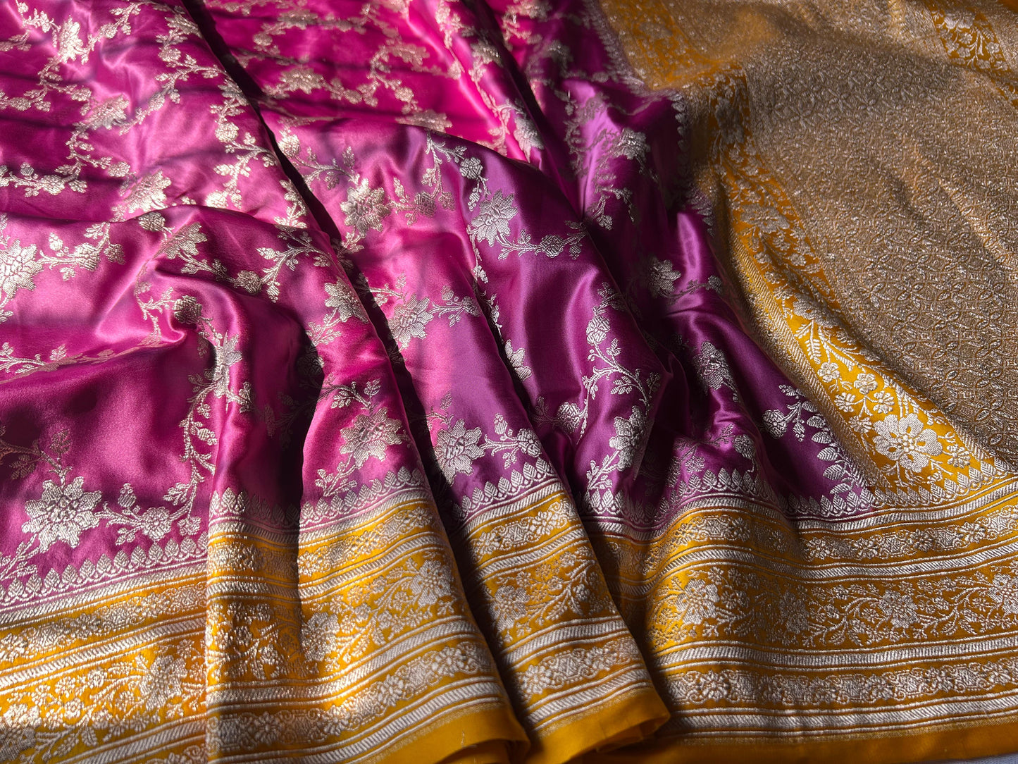 Onion Pink Mashru Silk Saree – Albeli Jalebi Jaal with Mustard Contrast Blouse