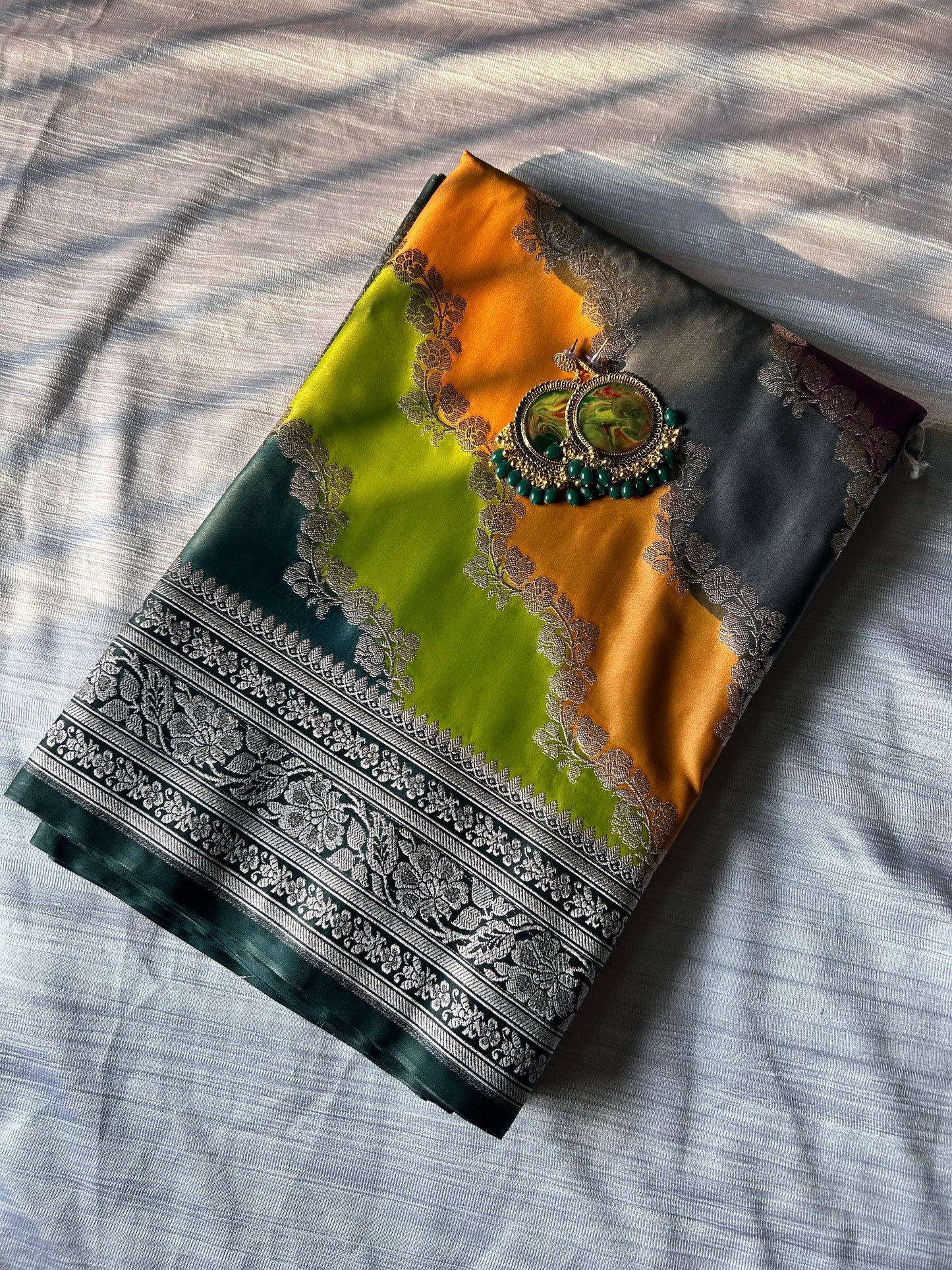 Hand-Painted Rangkart Saree – Mashru Silk | Bottle Green with Copper Zari