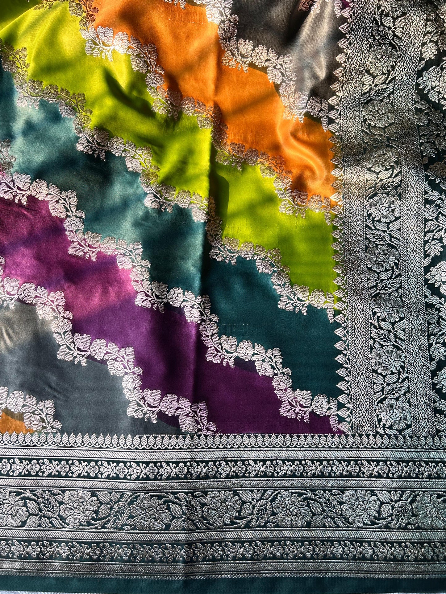 Hand-Painted Rangkart Saree – Mashru Silk | Bottle Green with Copper Zari