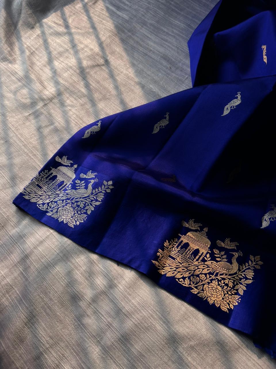 Royal Blue Handspun Banarasi Silk Saree | Real Sona Rupa Zari with Peacock Motifs