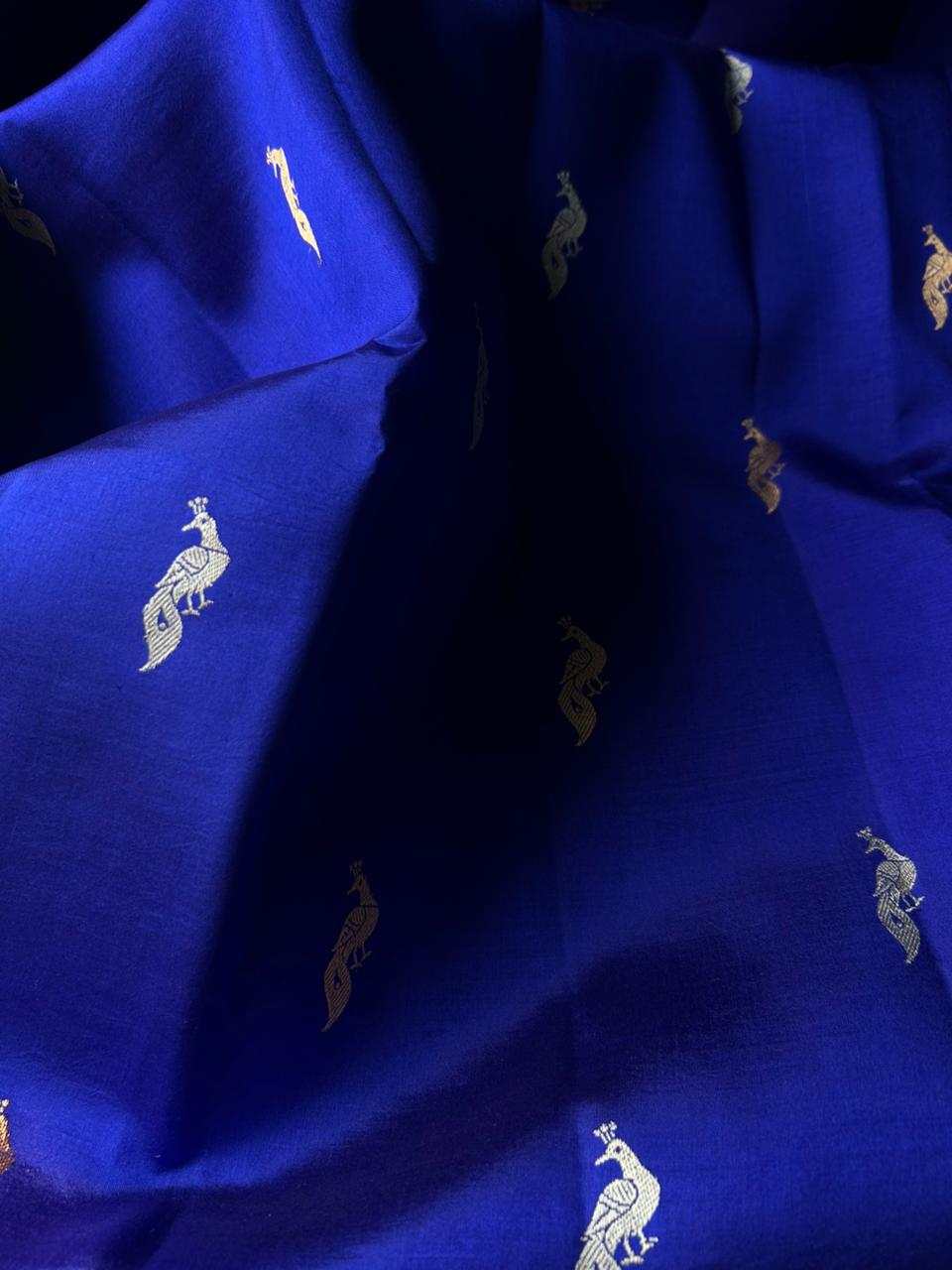 Royal Blue Handspun Banarasi Silk Saree | Real Sona Rupa Zari with Peacock Motifs