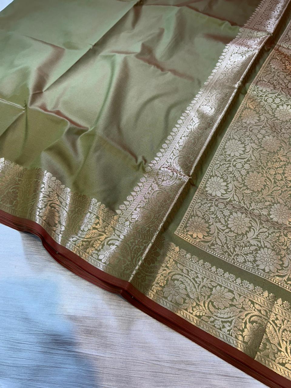 Pista Green Plain Semi Katan Silk Banarasi Saree with Brocade Blouse | Lightweight Golden Zari Saree