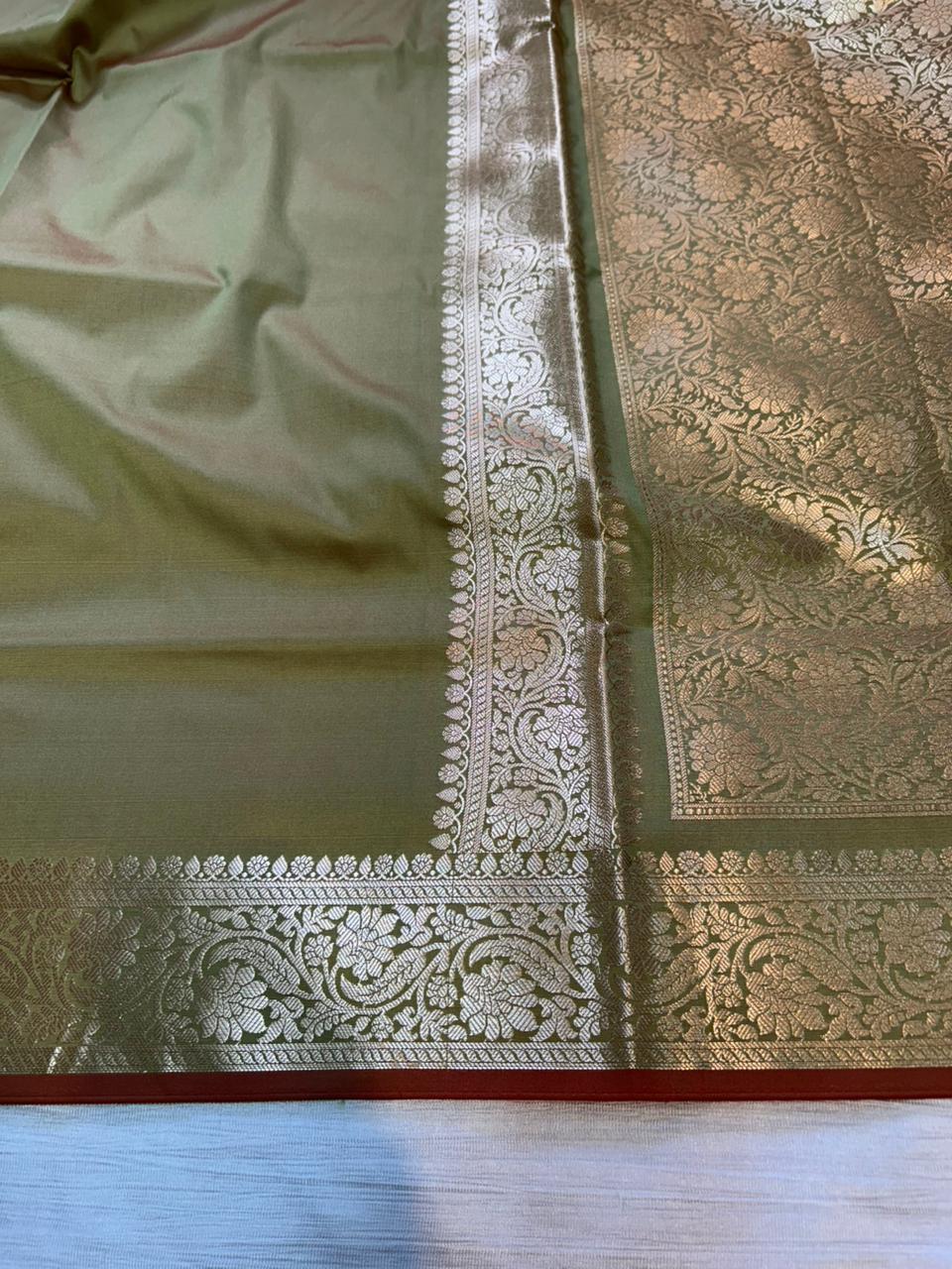 Pista Green Plain Semi Katan Silk Banarasi Saree with Brocade Blouse | Lightweight Golden Zari Saree