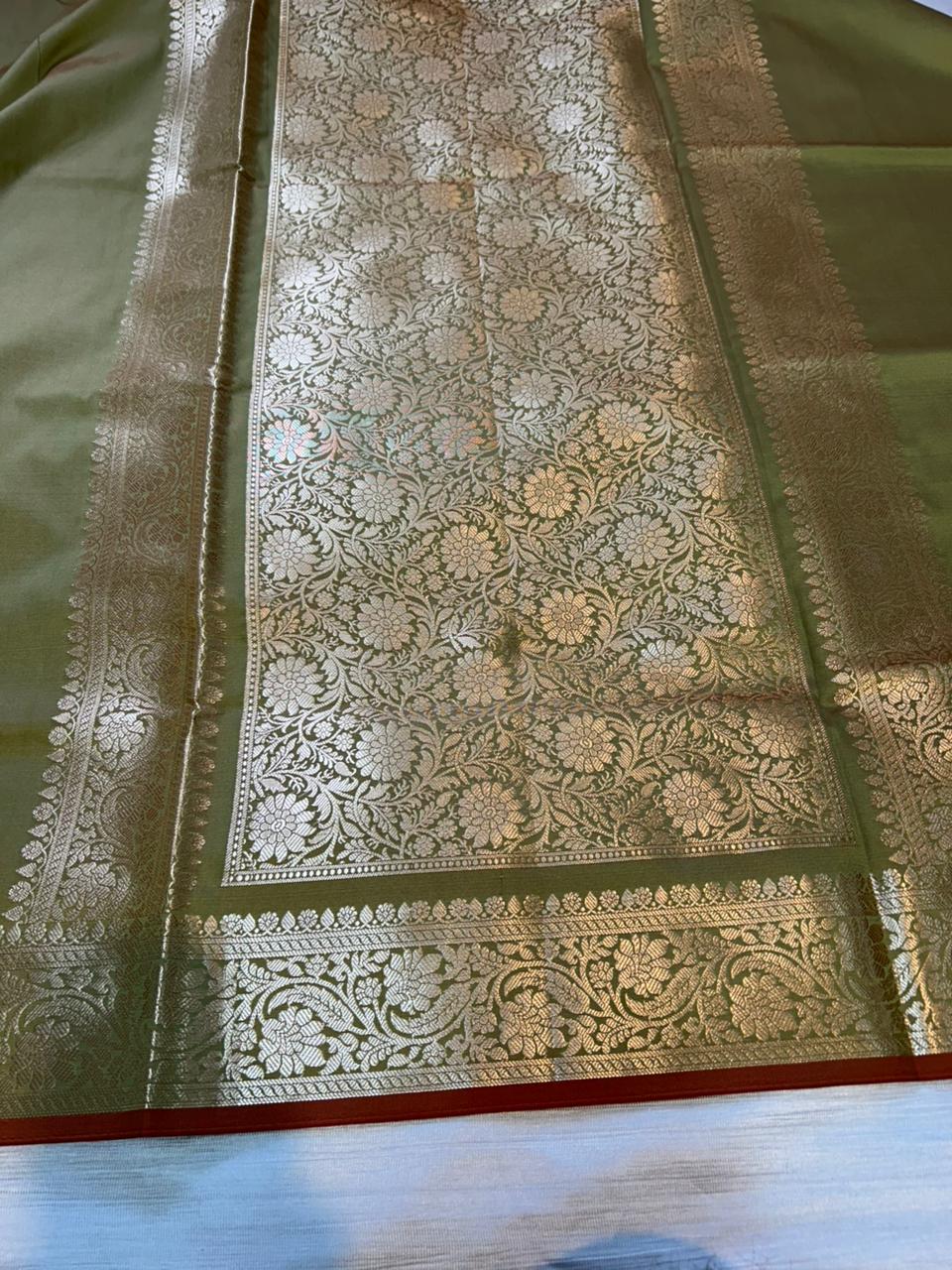 Pista Green Plain Semi Katan Silk Banarasi Saree with Brocade Blouse | Lightweight Golden Zari Saree