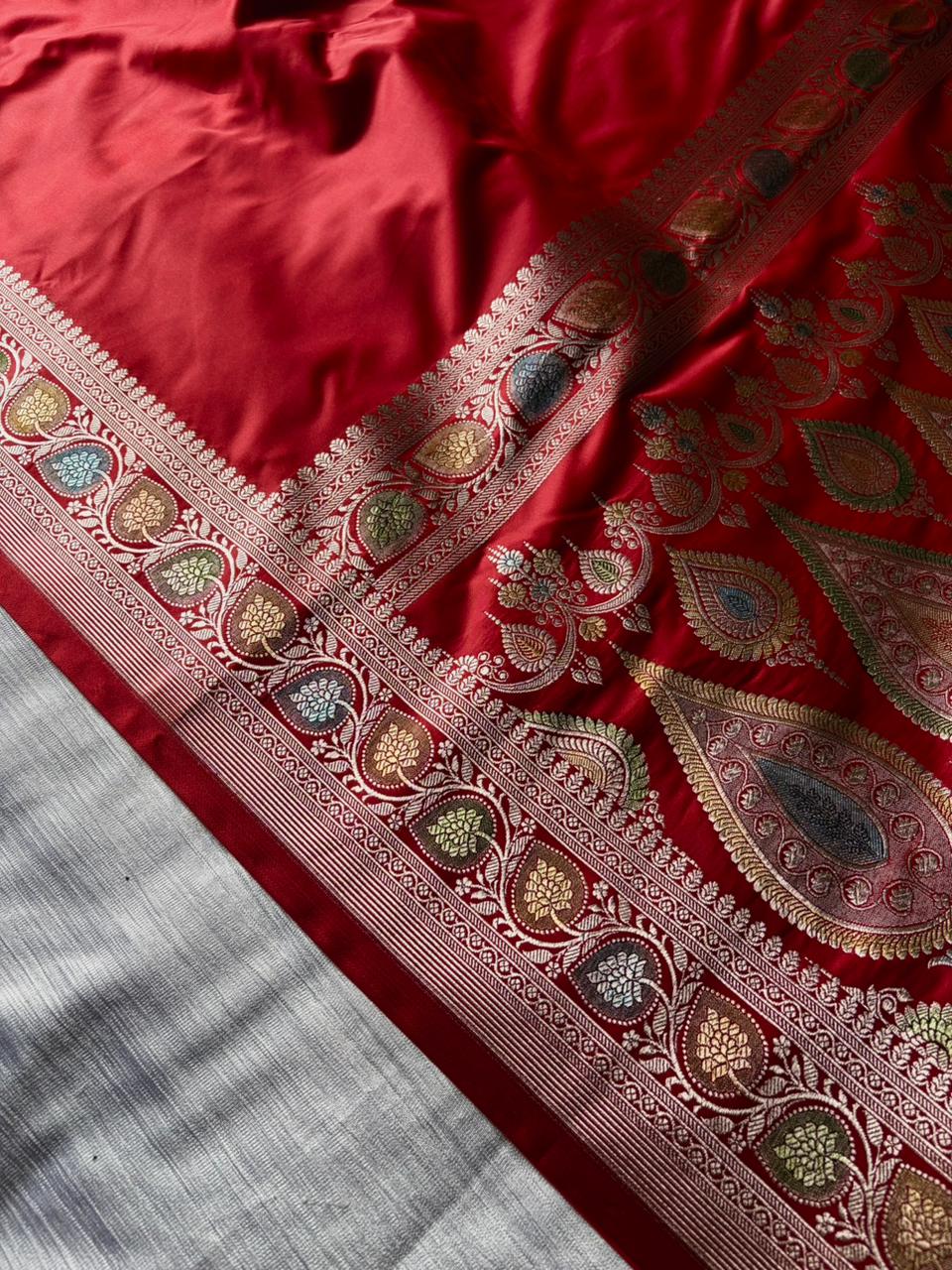 Hath Rang Lal Mirchi Red Mashru Silk Saree | Hand Painted Meenakari Border & Pallu | Premium Soft Silk Banarasi Saree